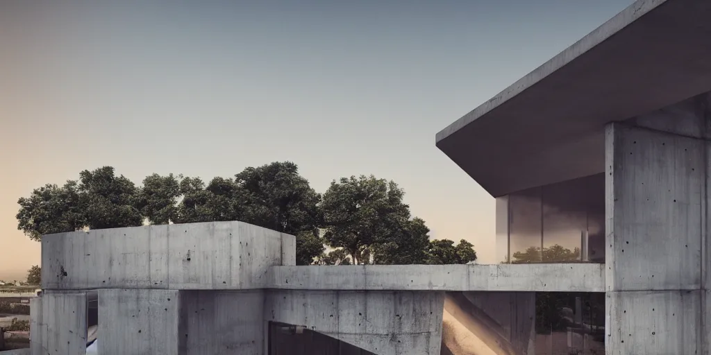 Prompt: a modern concrete house, brutalism, a view of a city, sunset, photorealism, beautiful, cinematic dramatic atmosphere, volumetric cinematic perfect light, detailed octane render trending on artstation, 8 k, by chris hytha and jag studio