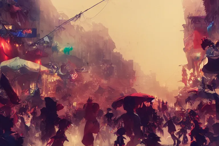 Prompt: street carnival, street party , cinematic lighting, dramatic atmosphere, by Dustin Nguyen, Akihiko Yoshida, Greg Tocchini, Greg Rutkowski, Cliff Chiang, 4k resolution, trending on artstation