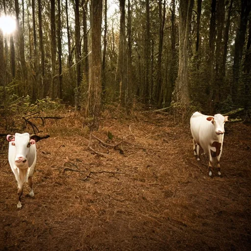 Prompt: DLSR photograph of several cows looking at the camera, in creepy forest, night-time, low lighting, eyes glinting