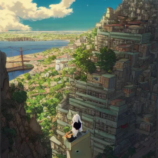 Image similar to anime neko - girl looking from the edge of the cliff on the giant city below, midnight, trending on artstation, highly detailed, satoshi kon artstyle