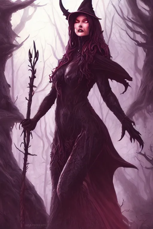 Image similar to satanic witch in the evil forest, fantasy, 8 k resolution, hyper detailed, d & d, character design, digital painting, trending on artstation, sharp focus, illustration, art by artgerm, steve zheng, fuji choko, viktoria gavrilenko, hoang lap