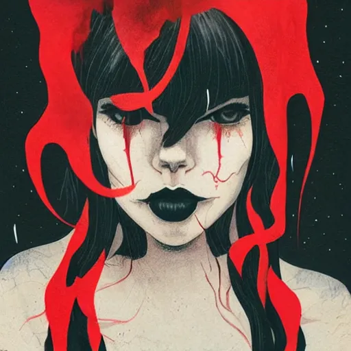 Prompt: A gothic girl surrounded by red candles picture by Sachin Teng, asymmetrical, dark vibes, Realistic Painting , Organic painting, Matte Painting, geometric shapes, hard edges, graffiti, street art:2 by Sachin Teng:4