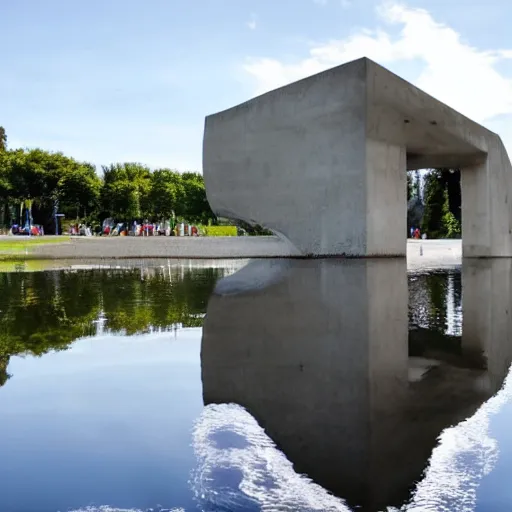 Prompt: a modern memorial built with apparent concrete ,hope and peace to the people. the building stands in the lakeside in a sunny day and reflected in water. humans walk and play in the place.
