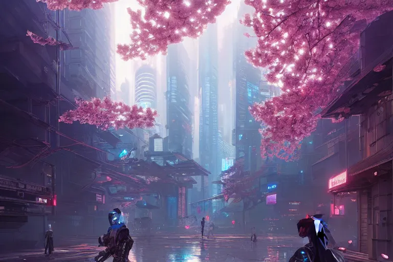 Image similar to cyberpunk city, cherry blossoms, unreal engine, fantasy art by greg rutkowski, loish, rhads, ferdinand knab, makoto shinkai and lois van baarle, ilya kuvshinov, rossdraws, tom bagshaw, global illumination, radiant light, detailed and intricate environment