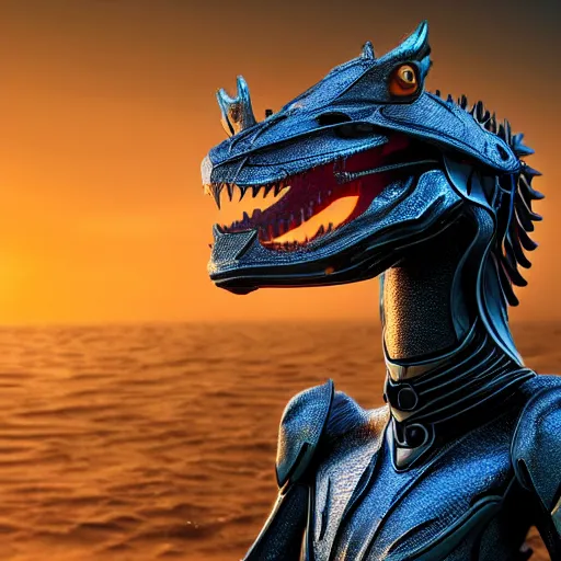 Image similar to a highly detailed close up of a beautiful majestic anthropomorphic robot female dragon, with smooth and streamlined mechanical armor, standing and posing elegantly on a beach, well detailed head with LED eyes, with sharp claws on her hands and feet, two arms, two legs, long tail, artstation, DeviantArt, professional, octane render, sunset lighting