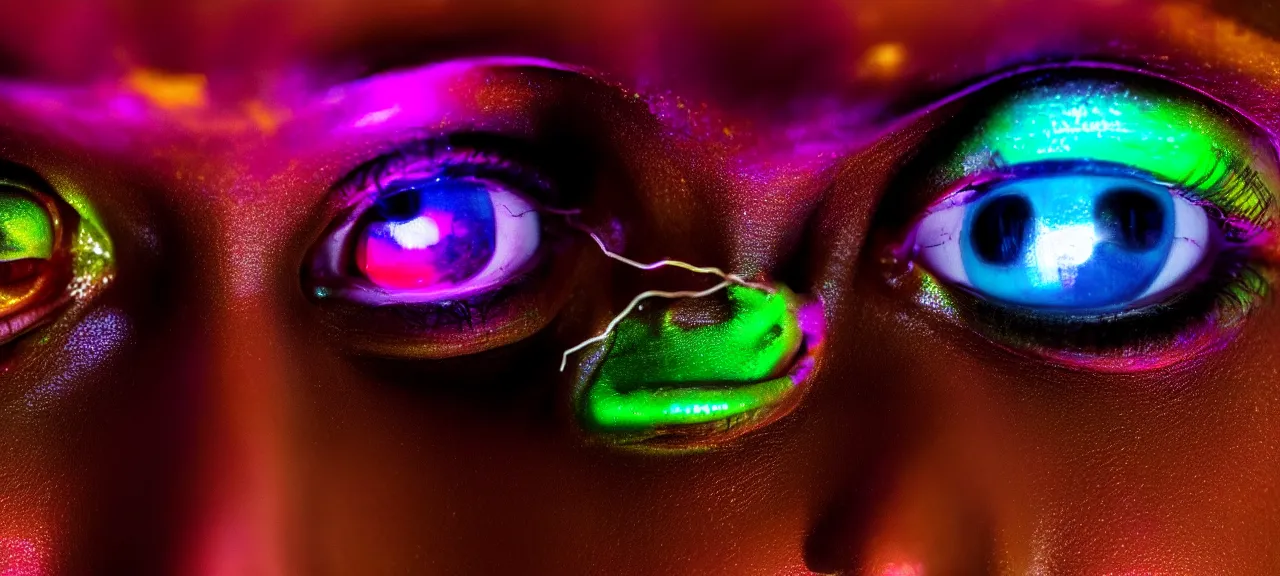 Image similar to beauty, three eyed humanoids, close ups, vivid colors, thin wires, beautiful lighting