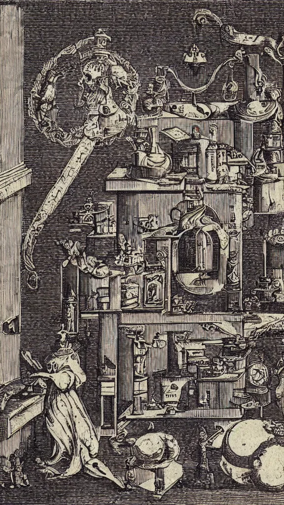 Prompt: esoteric etching print of an alchemists laboratory, amphitheatrum sapientiae aeternae, 1 5 9 5, kodachrome photo