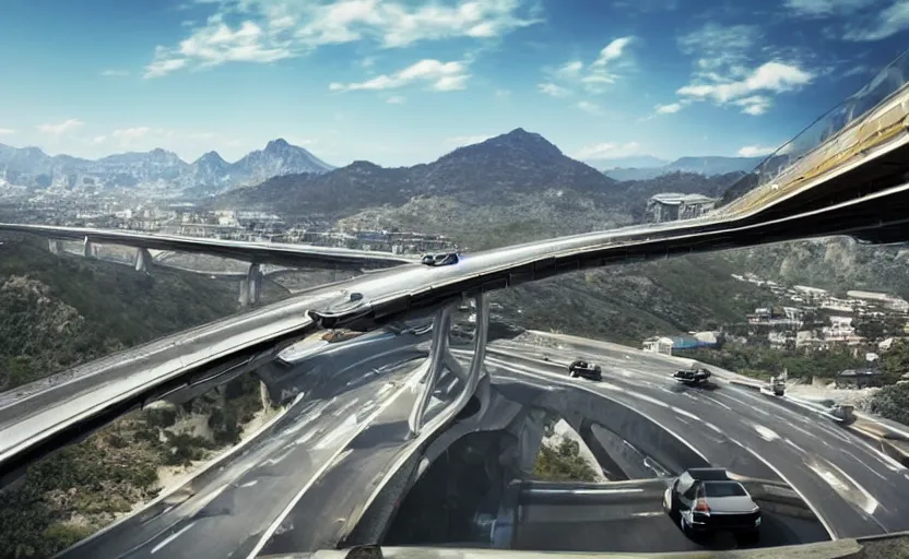 Image similar to futuristic car driving on elevated highway above a valley made of chrome tiles