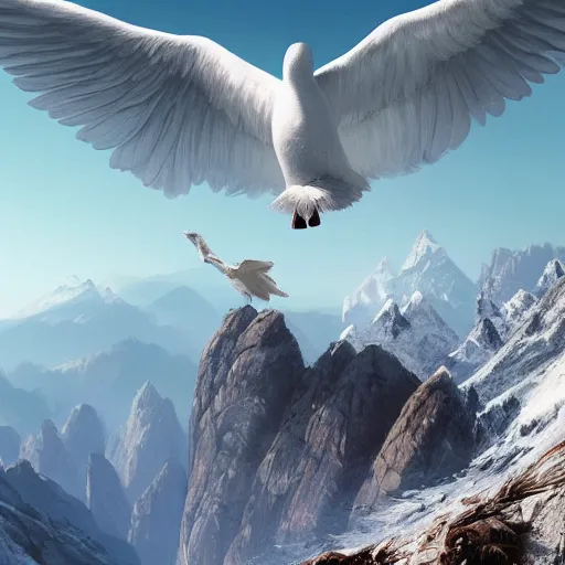 Image similar to Crowd surrounds giant white duck flying over mountains, huge feathery wings, mountain landscape, Himalayas, 4k, trending on Artstation, art by Greg Rutkowski