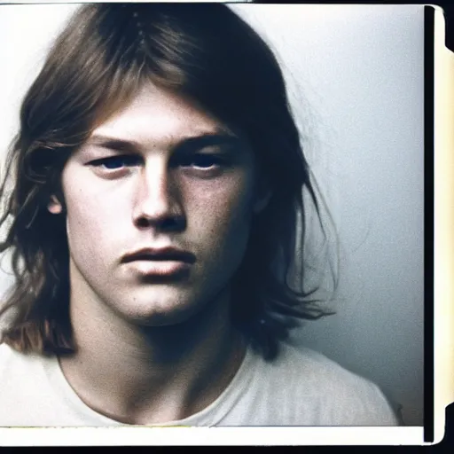 Image similar to Mugshot Portrait of Young David Gilmour, taken in the 1970s, photo taken on a 1970s polaroid camera, grainy, real life, hyperrealistic, ultra realistic, realistic, highly detailed, epic, HD quality, 8k resolution, body and headshot, film still, front facing, front view, headshot and bodyshot, detailed face, very detailed face