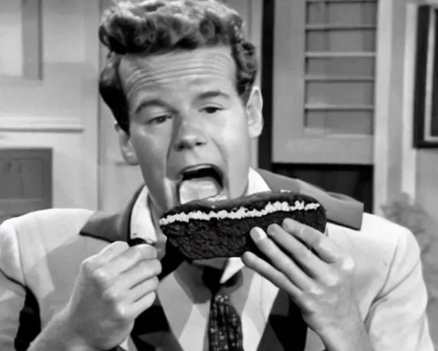 Prompt: Wally Cleaver eating a Choco Taco ChocoTaco on Leave It To Beaver, black and white television still