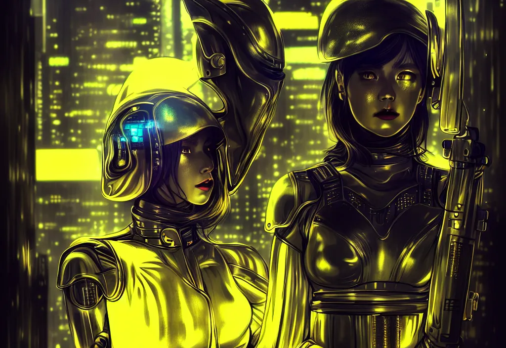 Image similar to portrait of futuristic armor ploice girl, metallic black and yellow color wardrobe, in cyberpunk lights shibuya japan reflected night, ssci - fi, neon light and fantasy, intricate and beautiful, highly detailed, concept art, smooth and sharp focus, illustration, art by tian zi and wlop and alphonse mucha