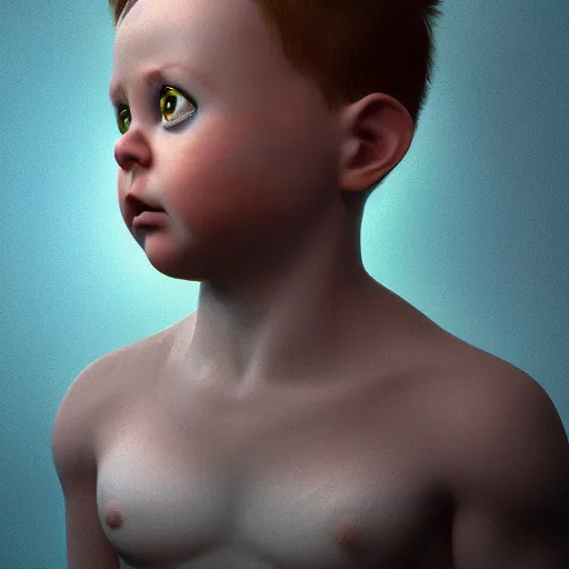 Image similar to hyperrealistic little baby boy big blue eyes thin auburn hair big cheeks, stunning 3 d render inspired by istvan sandorfi & greg rutkowski & mike judge, perfect symmetry, dim volumetric cinematic lighting, 8 k octane comprehensive render, extremely mega hyper - detailed and lifelike attributes & atmosphere, intricate, realistic flesh texture, masterpiece, artstation, stunning,