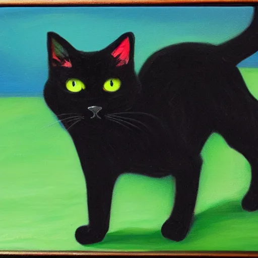 Prompt: oil painting of a black cat with green eyes, walking down a street at night