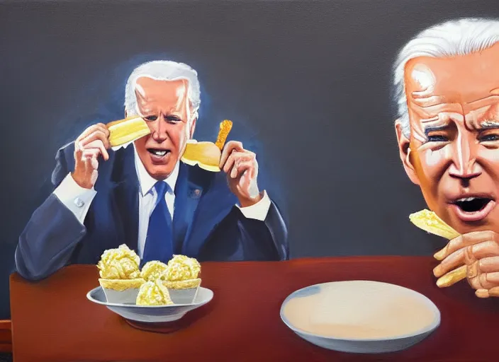 Prompt: oil painting of joe biden eating an ice cream with the whitehouse on fire behind him beautiful artwork by rutowski, realistic, 4 k, masterpiece