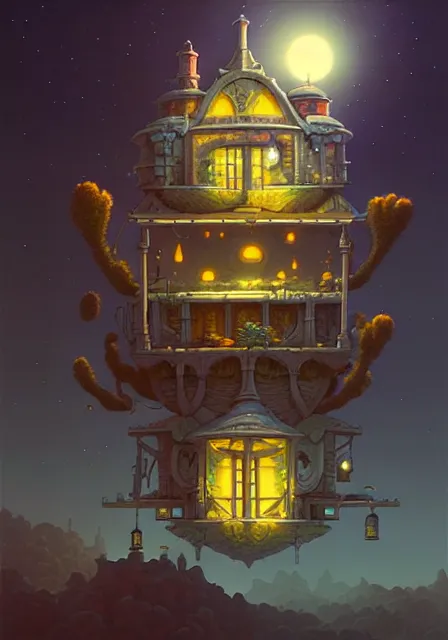 Image similar to a single building flying above a desert oasis in a moonlit night in the style of peter mohrbacher and jacek yerka, detailed