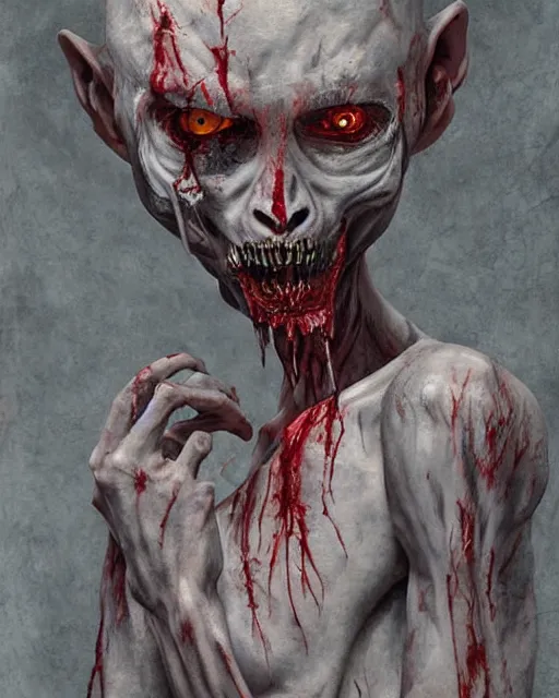 Image similar to Horrifying detailed painting of a pale, emaciated humanoid creature. It has sharp teeth and claws with pale milky eyes; snow, woods, blood; dark cinematic lighting, hyper detailed, moody; painted by Greg Rukowtski