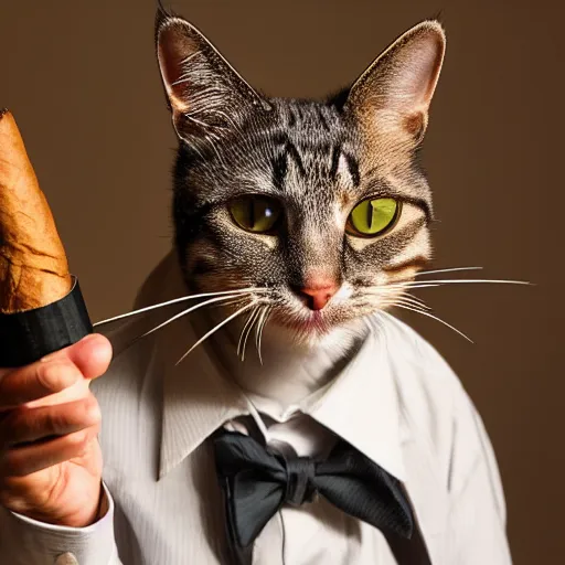 Image similar to a high detail closeup shot of a cat wearing a suit and smoking a cigar