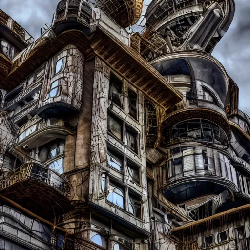 Image similar to architecture photo of a crazy building ultra render high quality award winning alien bizarre steampunk 8 k detailed hd telephoto lens