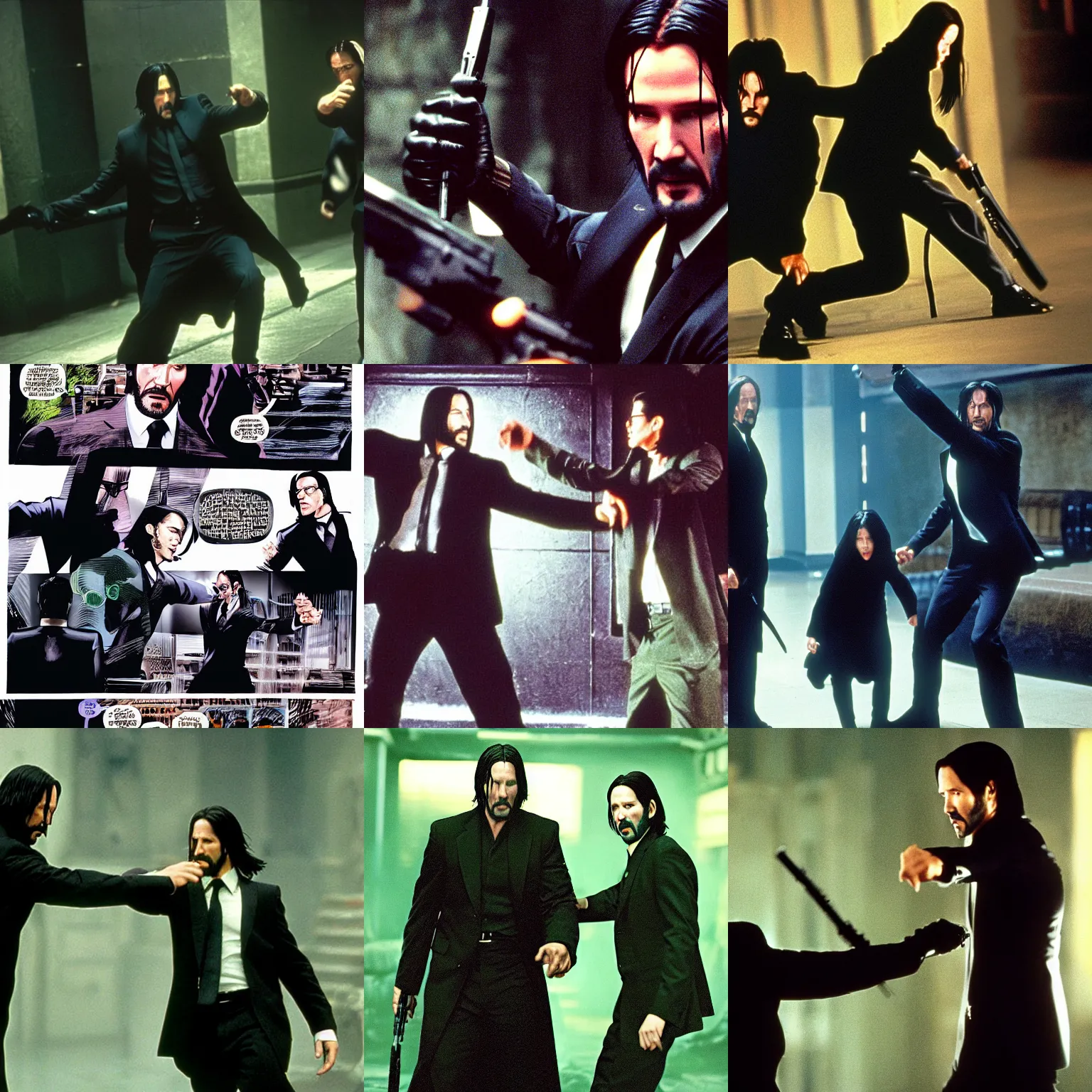 Prompt: John Wick fighting Neo from The Matrix (1999)