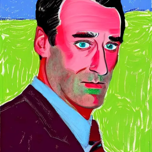 Image similar to portrait of jon hamm by david hockney and peter doig