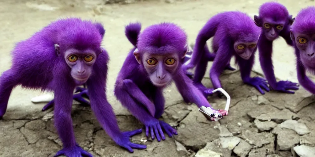Image similar to purple monkeys with red eyes smoking. they are mean bad boys