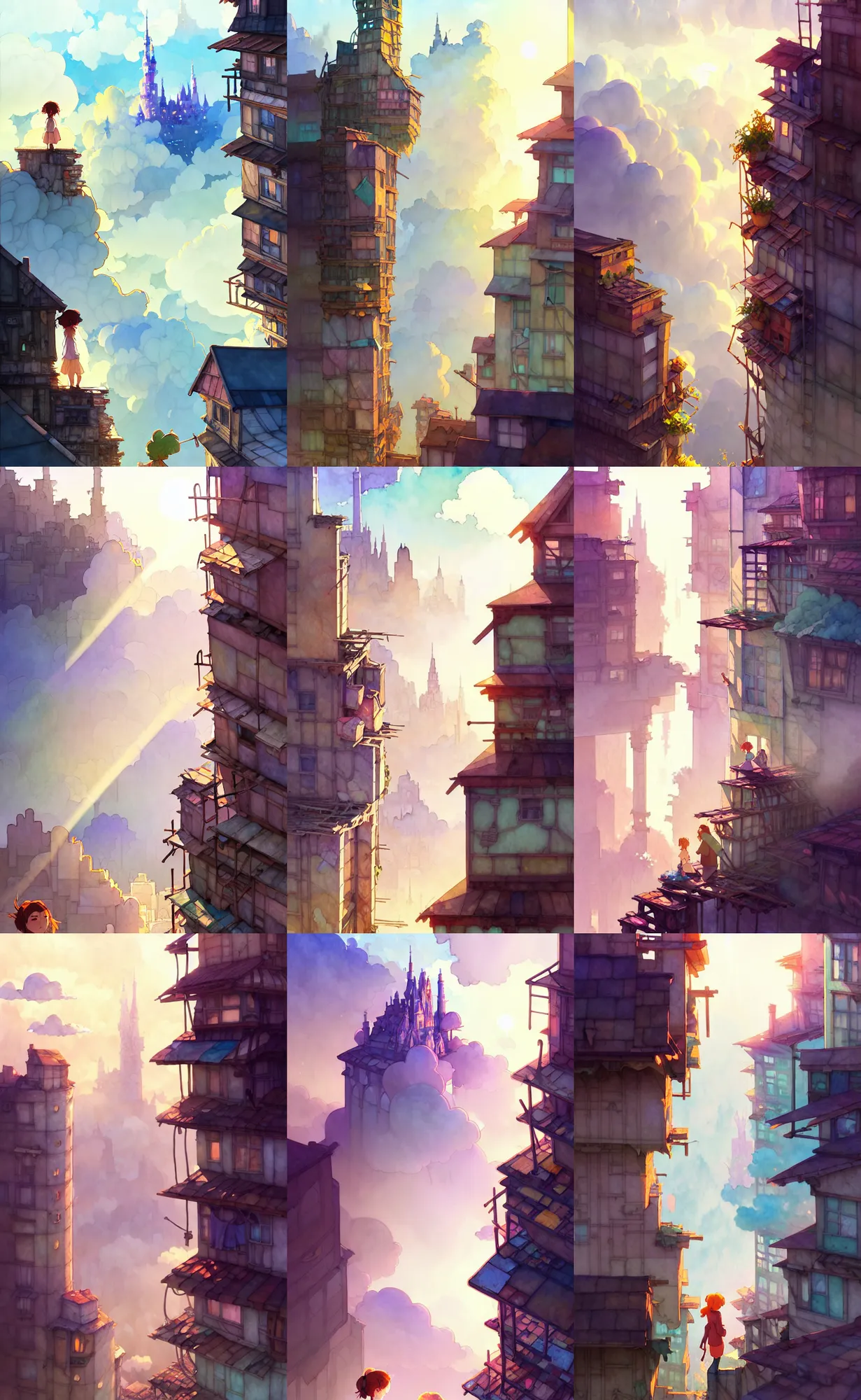 Prompt: a wholesome animation key shot, thin towers of ancient crumbling masonry scaffolding, cracks, rubble, makeshift houses, rise above clouds, studio ghibli, pixar and disney animation, sharp, disney concept art watercolor illustration by mandy jurgens and alphonse mucha and alena aenami, cold color palate, bloom, dramatic lighting