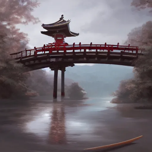 Image similar to samurai, samurai temple, bridge, digital art, irina french, heraldo ortega, mandy jurgens golden ratio,, award winning, masterpiece, trending on artstation, 8 k 1 5 0 mpx