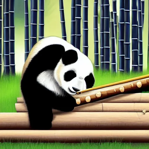 Image similar to a cute panda playing the wooden flute, in a bamboo forest. Digital art trending on art station