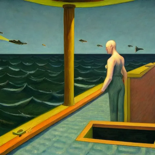 Image similar to twenty thousand leagues under the seas, grant wood, pj crook, edward hopper, oil on canvas