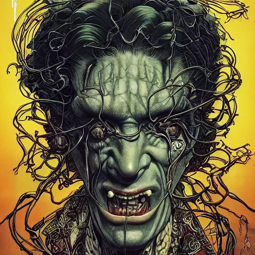 Prompt: portrait of crazy frankenstein, symmetrical, by yoichi hatakenaka, masamune shirow, josan gonzales and dan mumford, ayami kojima, takato yamamoto, barclay shaw, karol bak, yukito kishiro