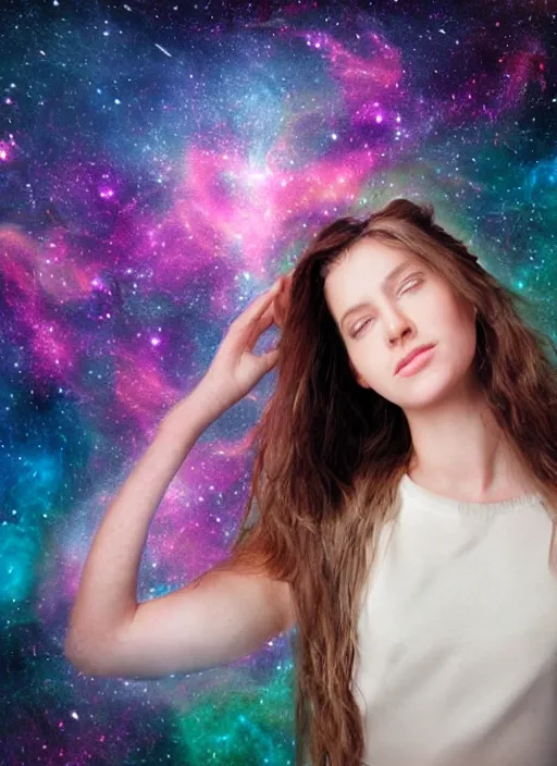 Image similar to Portrait shot of a beautiful girl with a nebula representing neurology beautifully emulating from her head