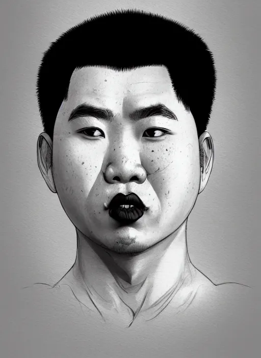 Prompt: portrait of a plump thai man with a crooked nose and a confident expression, 1 9 6 0 s, black clothes, goth, punk, brightly coloured hair, funk, intricate, elegant, highly detailed, digital painting, artstation, concept art, smooth, sharp focus, illustration, art by wlop, mars ravelo and greg rutkowski