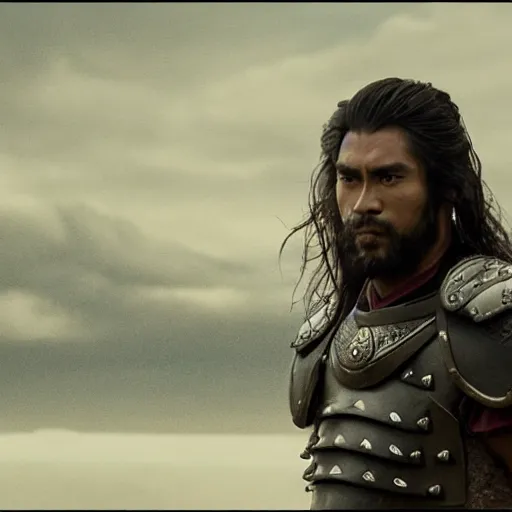 Prompt: an film still of samurai with wavy hair, wearing leather armor, very muscular, very pale skin, very hairy, muddy, shirtless, very tall, strong, powerful, majestic, imposing, full body picture, 4 k