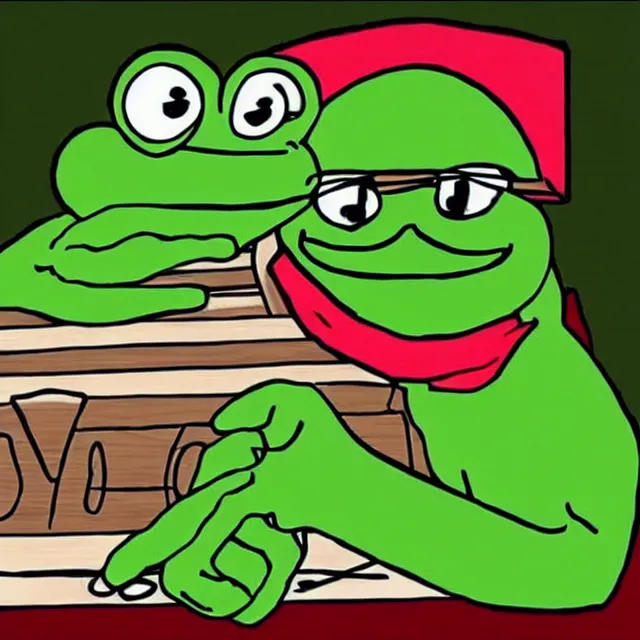 Prompt: pepe the frog in a casket, meme