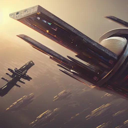 Image similar to a capital spaceship flying over a spaceport, trending on Artstation, 8k, high detail, digital art, cyberpunk