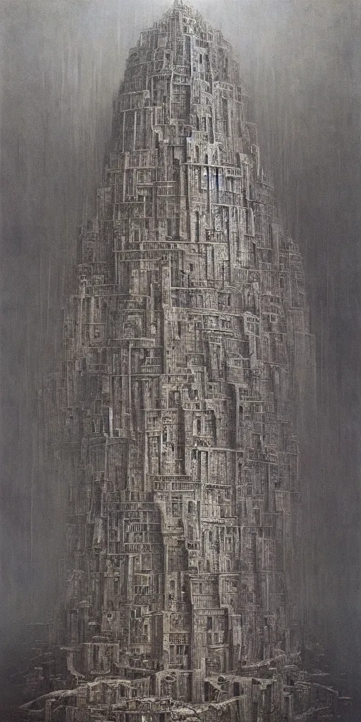 Prompt: tower of babel by tomek setowski, zdzislaw beksinski, surreal oil painting, dream like, highly detailed, symmetry, masterpiece