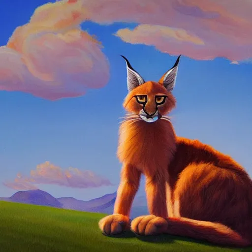 Prompt: a very detailed painting of giant cute fluffy caracal, blue sky with very aesthetic stylized clouds, there is a city with futuristic buildings in the back, there are blue mountains in the back, in the style of edward hopper and hugo pondz, very fine brushstrokes, 4 k,