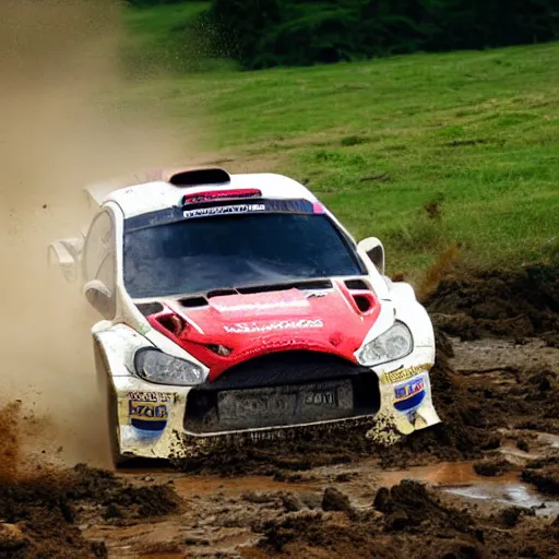 Prompt: action photography, rally car in mud