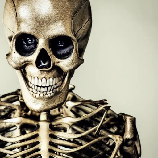 Image similar to a detailed professional portrait of a fancy skeleton with expressive features and metallic teeth, metal teeth, professional photography, longshot, full portrait, skeleton in a suit