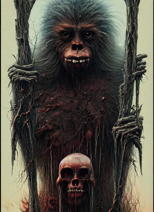 Image similar to sasquatch tarot card, highly detailed, half skull face, cinematic, 8 k, by stanley artgermm, tom bagshaw, greg rutkowski, carne griffiths, ayami kojima, beksinski, giger, trending on deviantart, hyper detailed, horror, full of colour