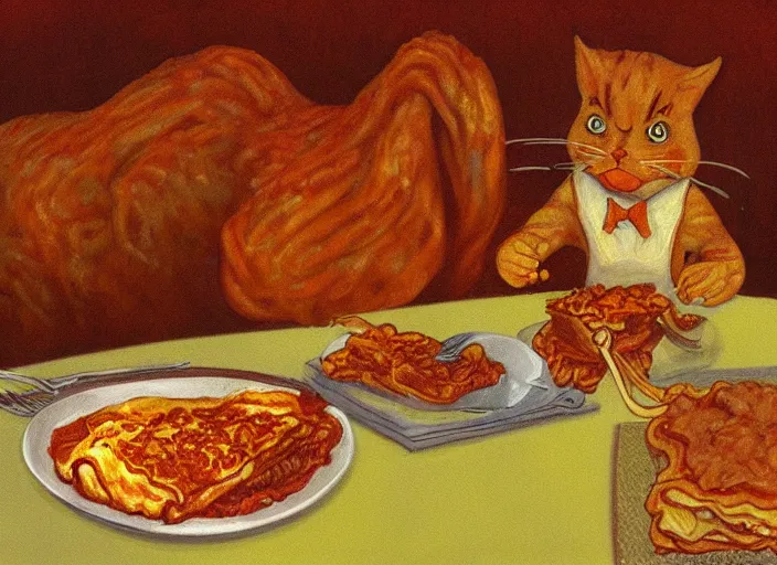 Image similar to surrealist impressionist painting of garfield eating lasagna at dusk, in the style of michael whelan and wayne barlowe