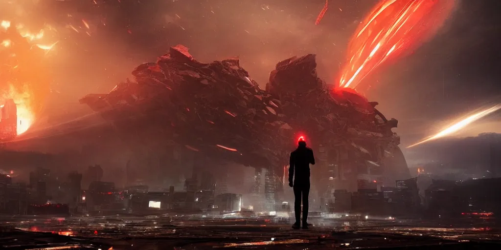 Image similar to a human standing front of a huge towering and broken stone tablet with red light + alien pattern + an abandoned spaceship, stands in the center of a prosperous city at the end of the world, and the power and energy is explode, secret, mysterious, doomsday, landscape, video game control, quantum break, arknights,