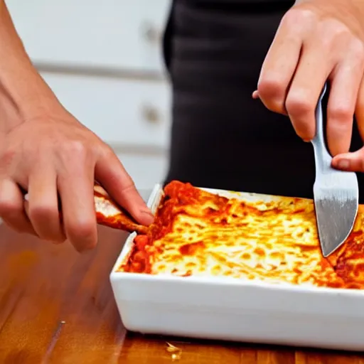 Prompt: woman cutting a lasagna in pieces