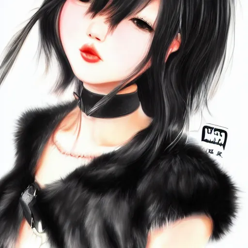 Image similar to realistic beautiful gorgeous natural cute Blackpink Lalisa Manoban black hair cute fur black cat ears, wearing white camisole, headphones, black leather choker artwork drawn full HD 4K highest quality in artstyle by professional artists WLOP, Taejune Kim, Guweiz on Artstation Pixiv