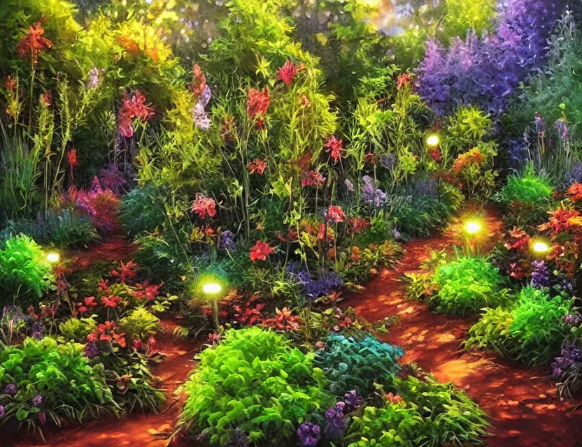 Prompt: metallic garden. oil painting by award - winning comic artist. backlighting, chiaroscuro, depth of field, luminescent colors.