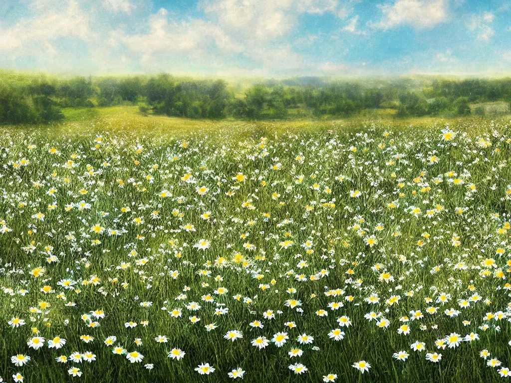 Image similar to rendering of a scene with a meadow full of daisies, matte painting