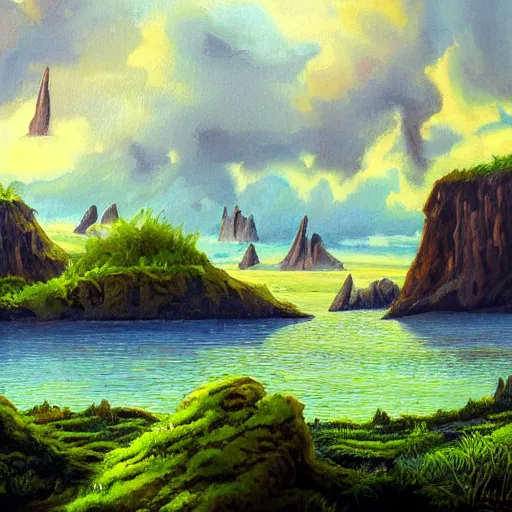 Prompt: painting of a lush natural scene on an alien planet by robert hettich. beautiful landscape. weird vegetation. cliffs and water.