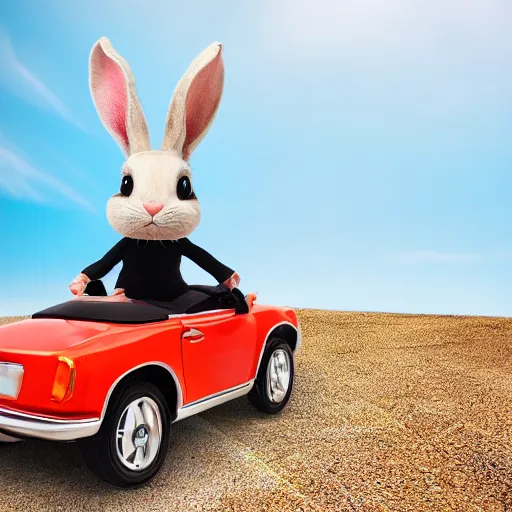 Prompt: bunny riding a convertible, studio photo, high quality