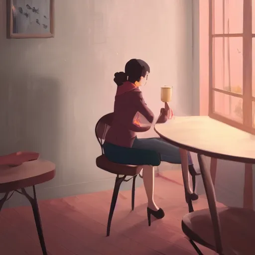 Prompt: woman sitting in a cafe, cottagecore, atey ghailan, goro fujita, studio ghibli, rim light, sharp lighting, clear focus, very coherent,